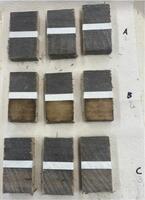 Wood blocks tested with (A) water, (B) client product, and (C) comparative product.